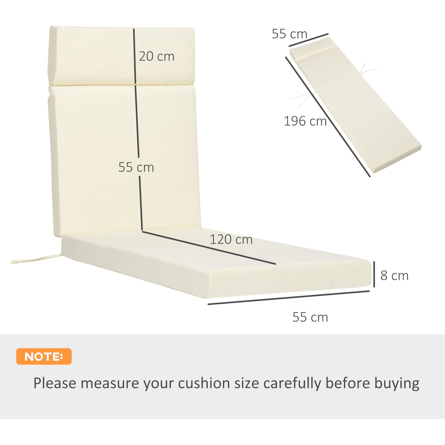 Set of 2 Sun Lounger Cushions, Replacement Cushions for Rattan Furniture with Ties, 196 x 55 cm, Cushion ONLY, Cream White