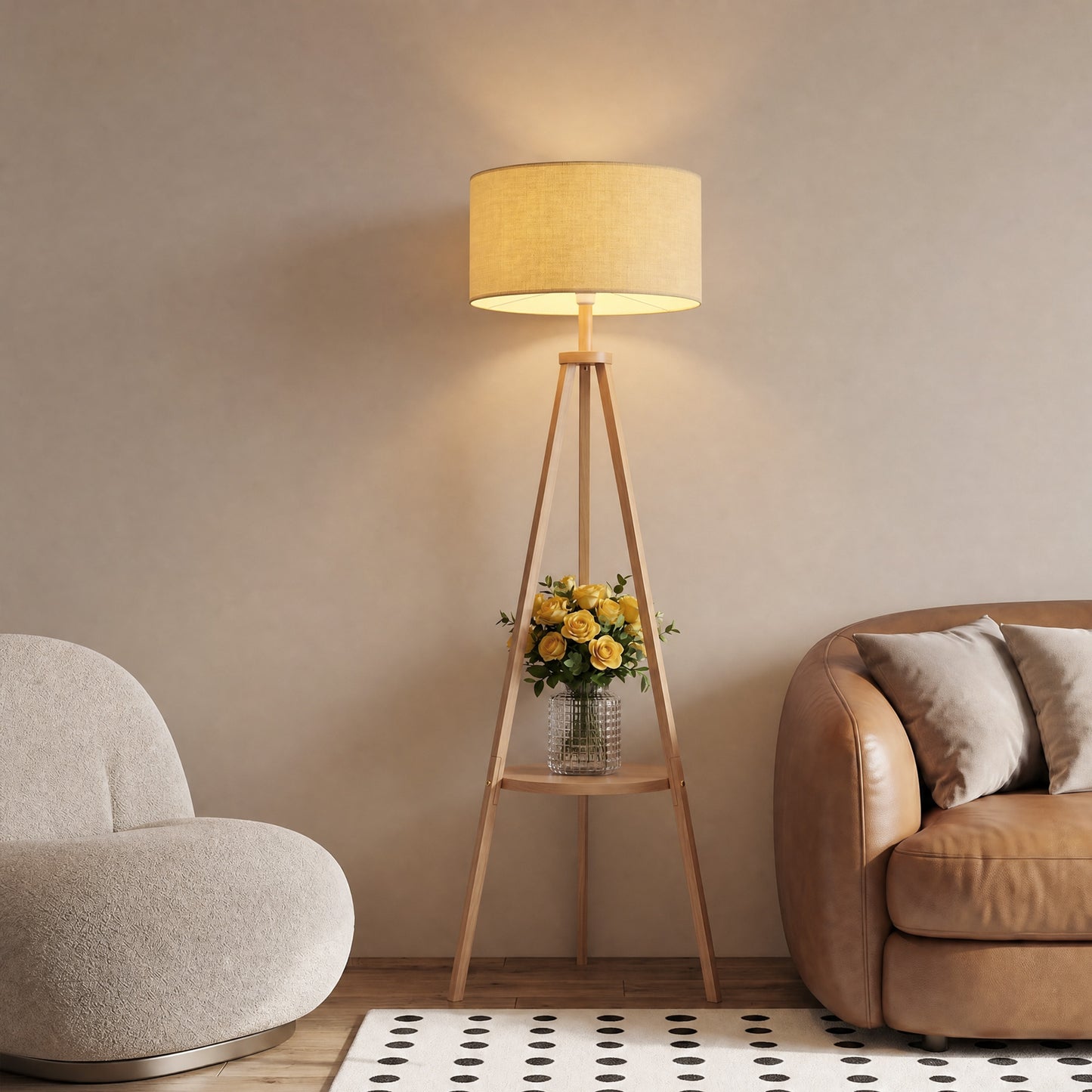 Bedside Light, Tripod Floor Lamp with Storage Shelf and Linen Shade for Living Room, 160cm, Natural Wood Colour