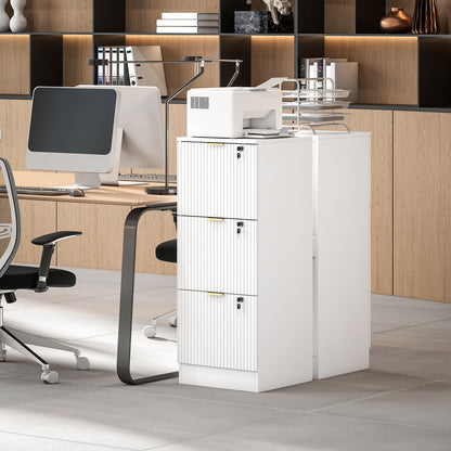 Filing Cabinet, Fluted Vertical File Cabinet with 3 Lockable Drawers and Hanging Rails, White