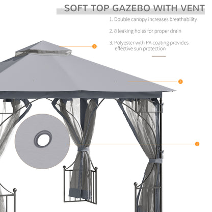 3 x 3(m) Garden Gazebo Patio Party Tent Shelter Outdoor Canopy Double Tier Sun Shade Metal Frame Netting, Light Grey
