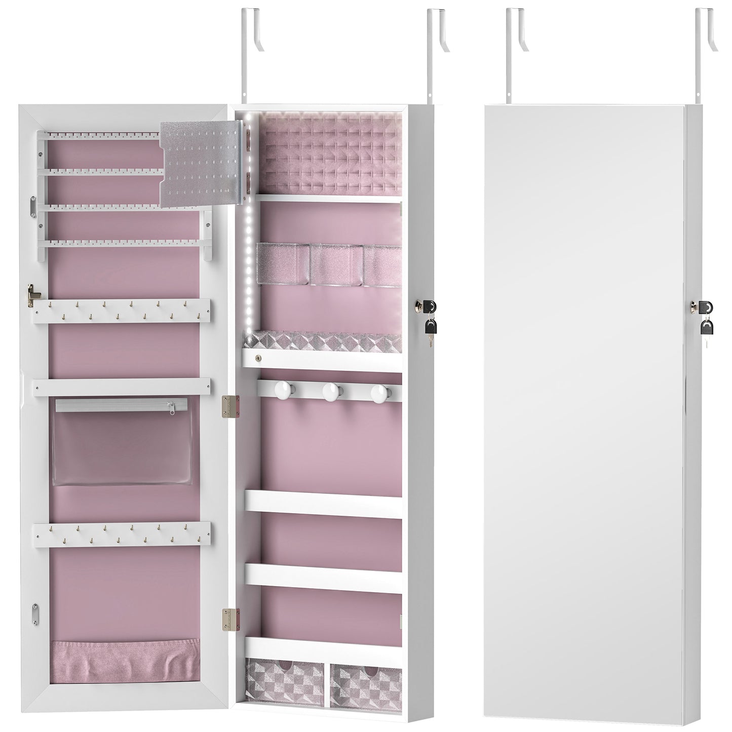 108 x 37cm Lockable Jewellery Cabinet, with LED Lights - White Surface and Pink Lining