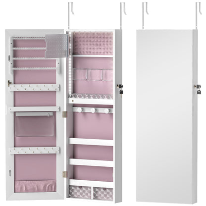 108 x 37cm Lockable Jewellery Cabinet, with LED Lights - White Surface and Pink Lining