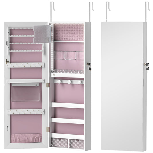 108 x 37cm Lockable Jewellery Cabinet, with LED Lights - White Surface and Pink Lining