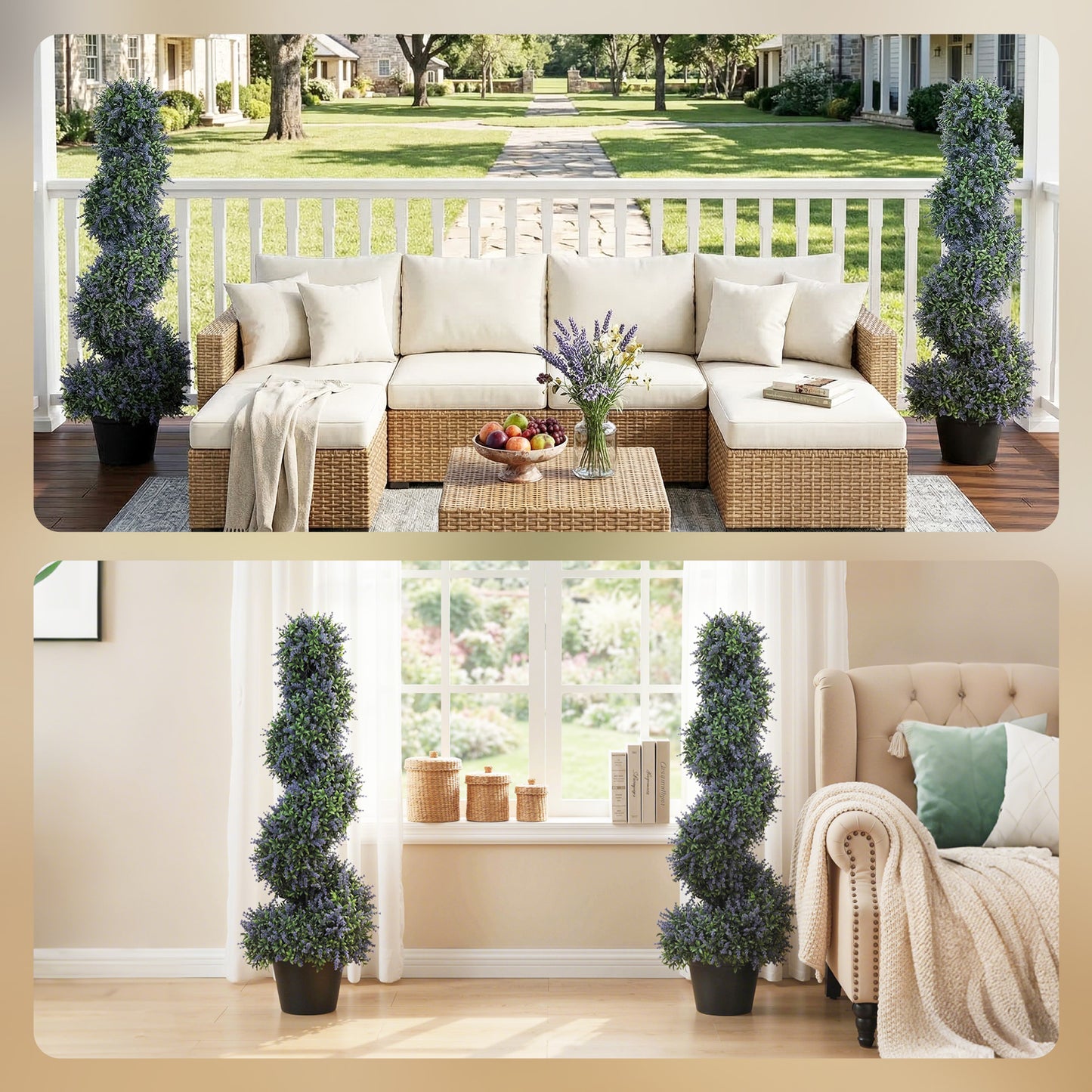 Artificial Lavender Topiary Tree Set of 2, UV Resistant Fake Plants in Pot for Indoor Outdoor Decor, 90 cm, Purple