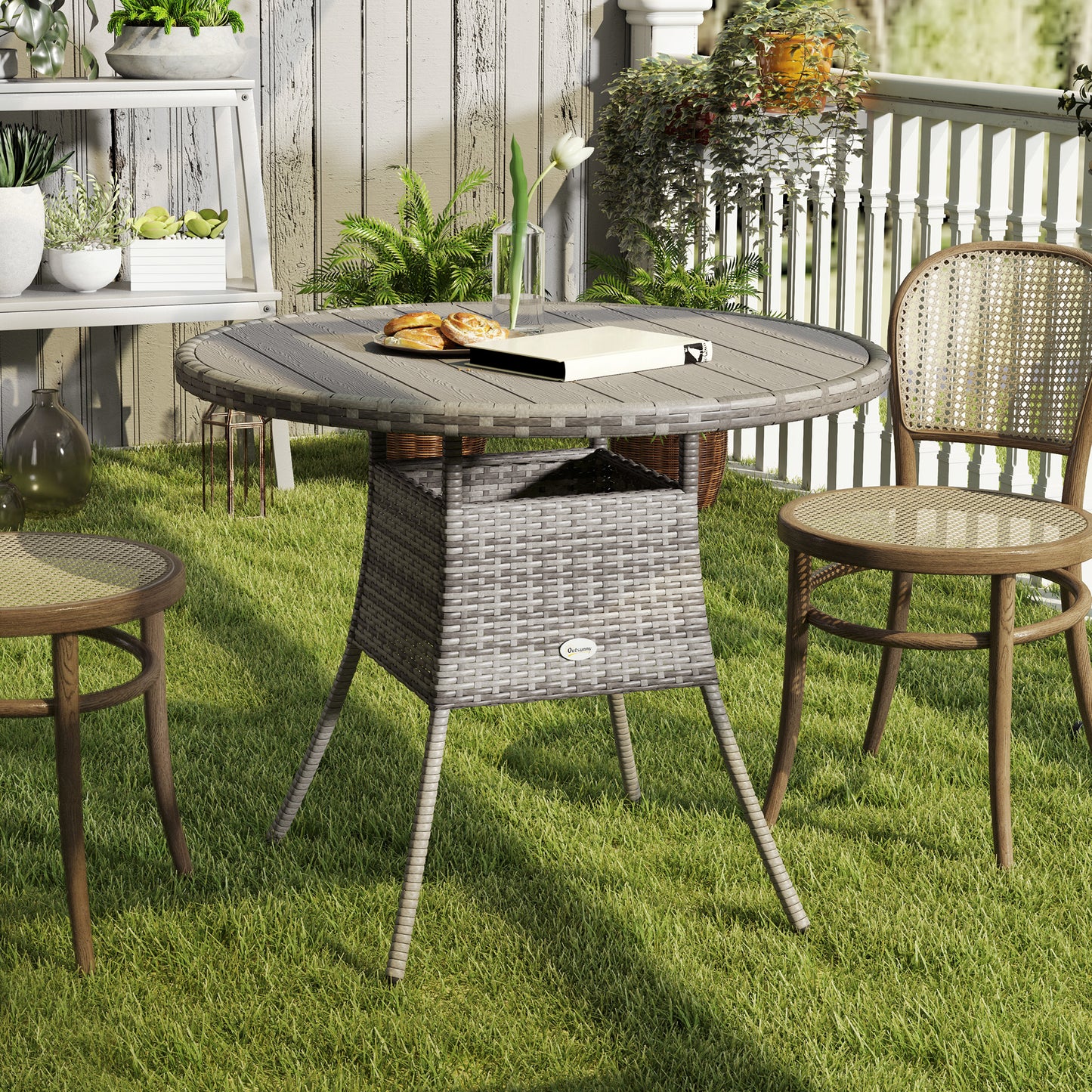 90 cm Wood-Effect Rattan Garden Table - Grey