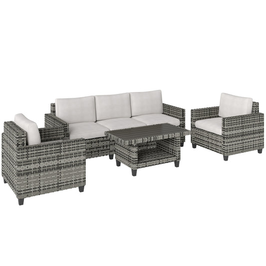 Six-Piece Modular Rattan Sofa Set 5-Seater Garden Furniture Set with Two-tier Table - Light Grey