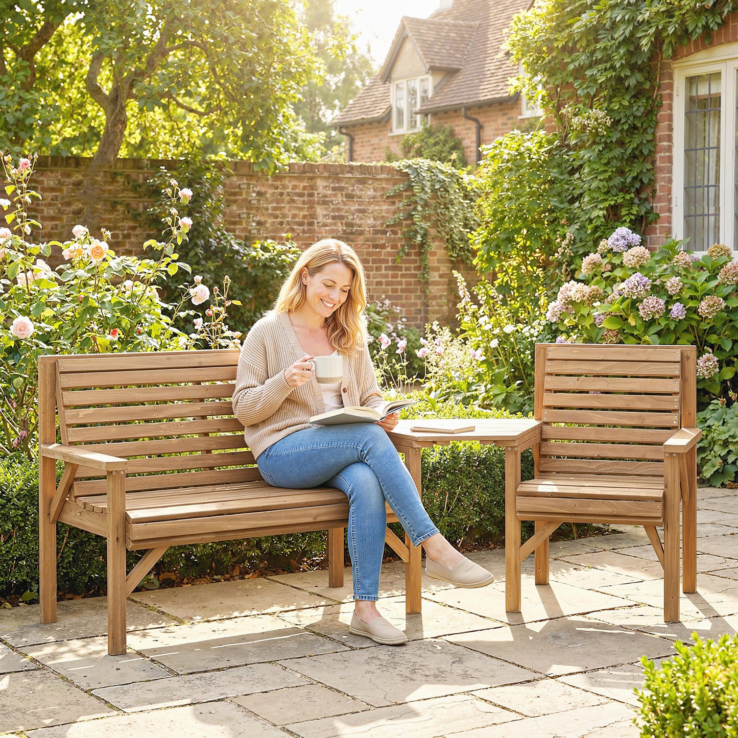 Wooden Garden Furniture Set , 1 Chair, 1 Bench and Detachable Table, Natural Wood Finish
