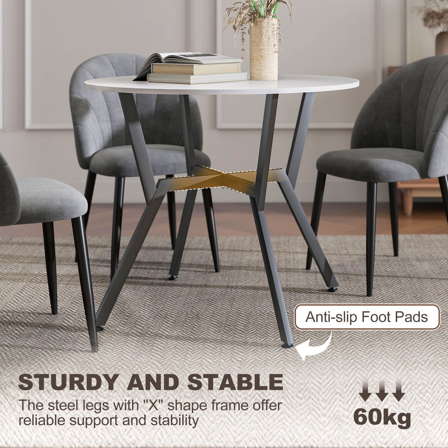 Dining Table, Round Kitchen Table with Black Legs for Living Room, Dining Room 90 x 76 cm, High Gloss White