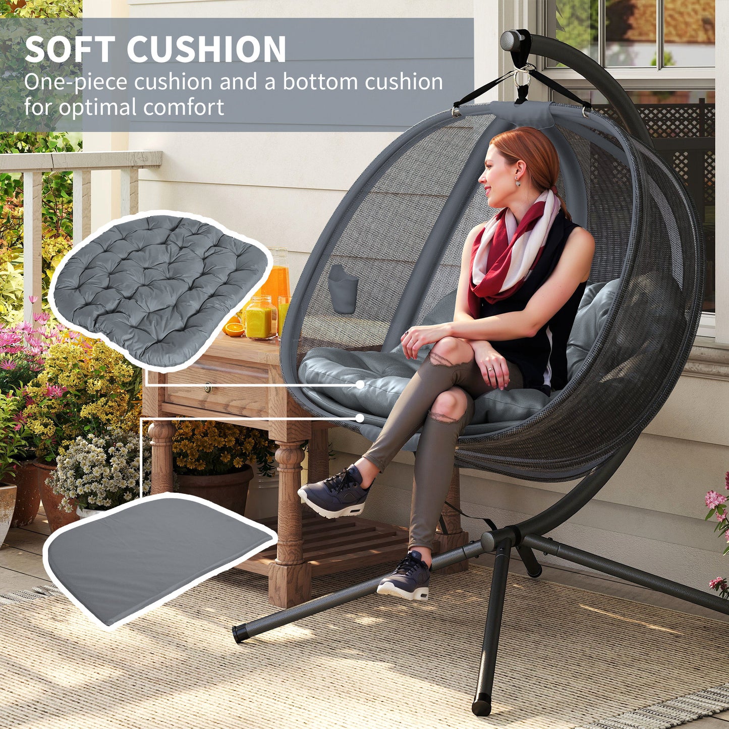 Double Hanging Egg Chair 2 Seaters Texteline Swing Hammock Chair with Folding Design, Grey