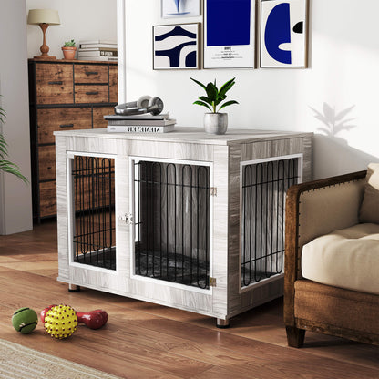 Dog Crate Furniture, Dog Cage End Table. with Soft Cushion, Double Door, for Large Dogs, Grey
