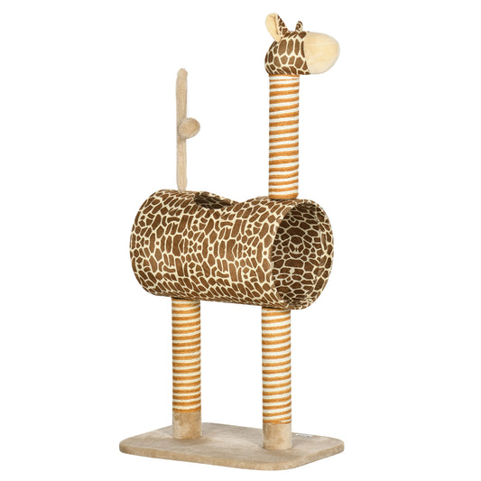 Giraffe-Designed Cat Tree, with Scratching Posts, Cat Tunnel, Toy Ball - Beige