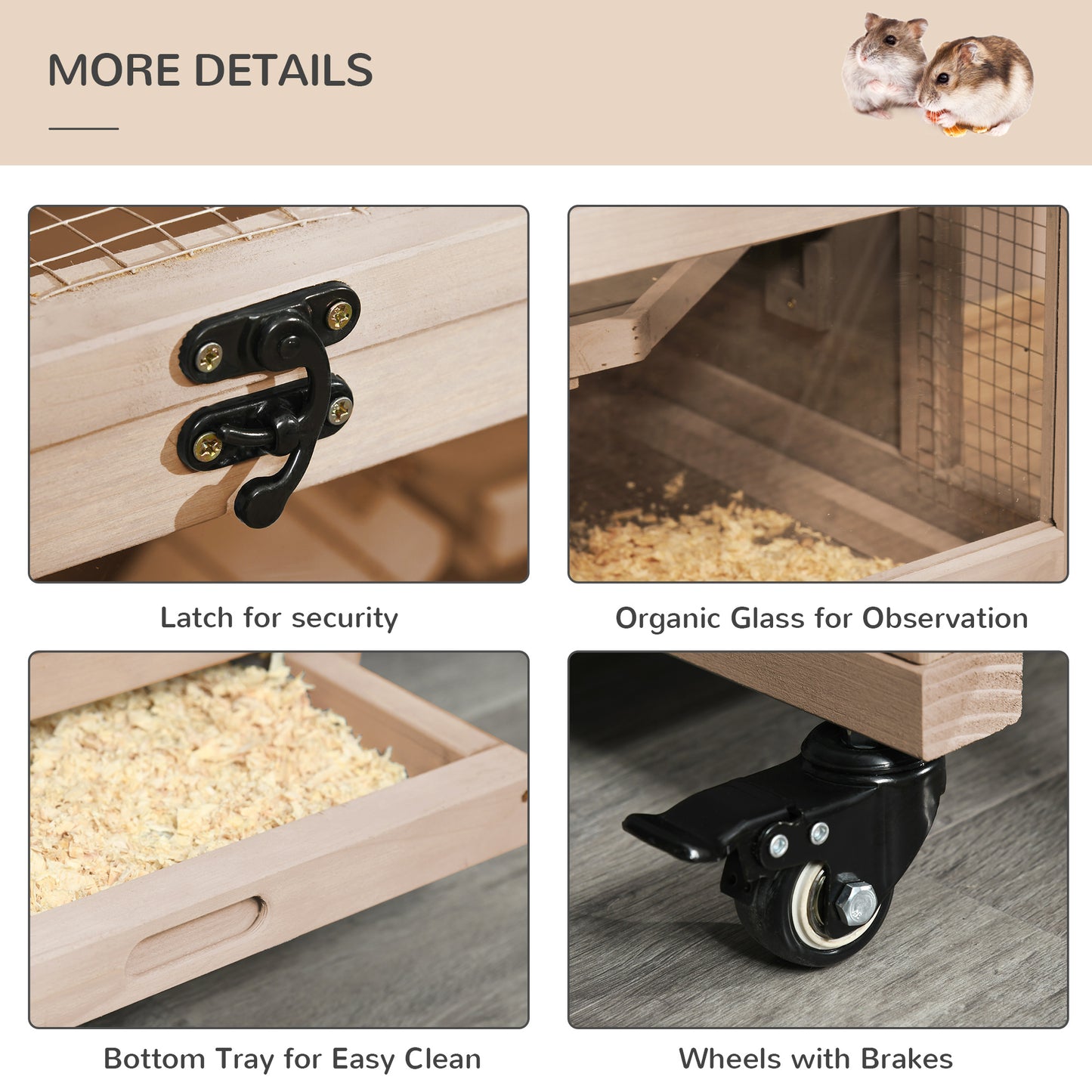 Wooden Hamster Cage, Mice Rodent Small Animals Kit Hutch, 3 Tiers Exercise Play House, with Wheels, Bottom Tray