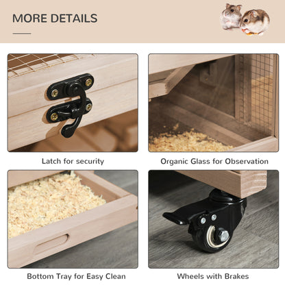 Wooden Hamster Cage, Mice Rodent Small Animals Kit Hutch, 3 Tiers Exercise Play House, with Wheels, Bottom Tray