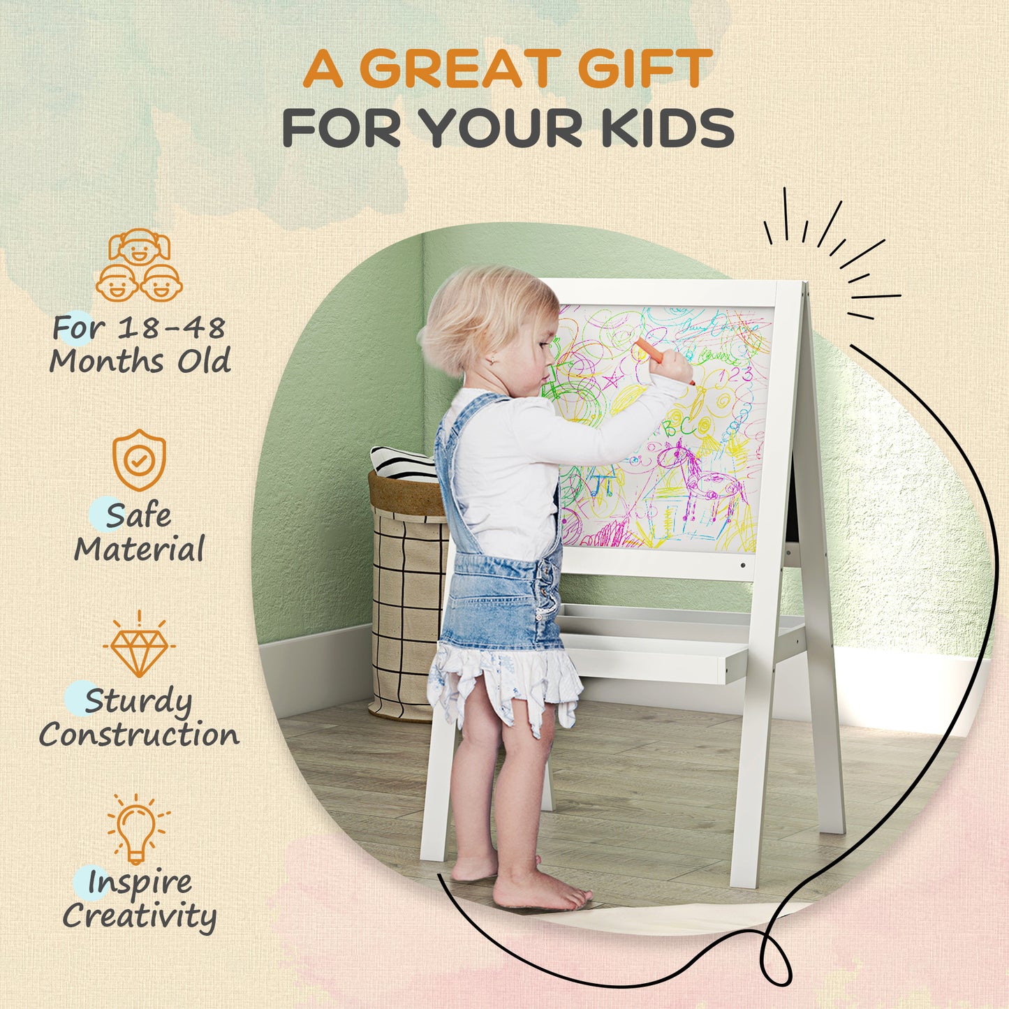Kids Easel, Art Easel with Double Sided Whiteboard, Chalkboard, Storage, 2 in 1 Standing Easel for Toddlers 18-48 Months