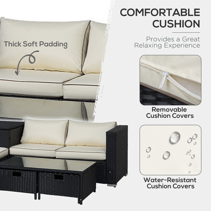 4 Seater Rattan Garden Furniture Set with Storage Box, 2 Drawers Coffee Table, Black