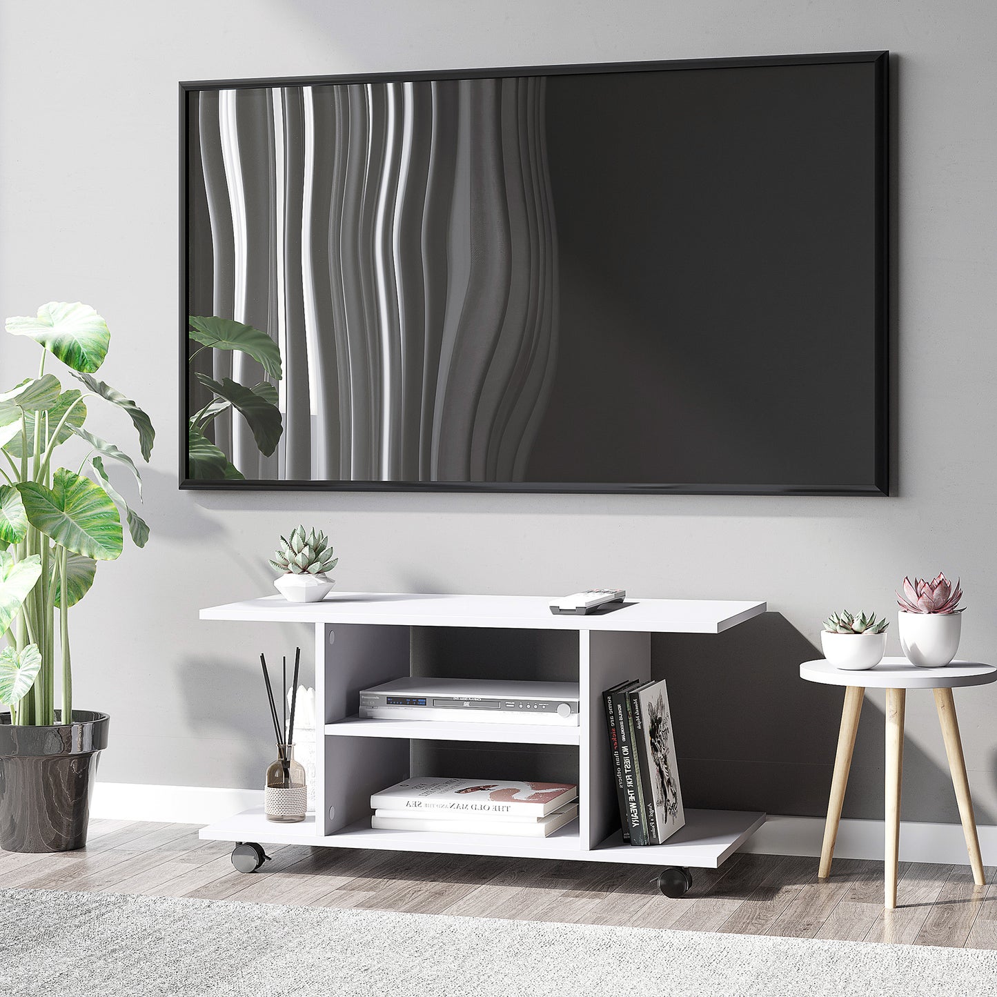 Modern TV Stand with Storage Shelves – White