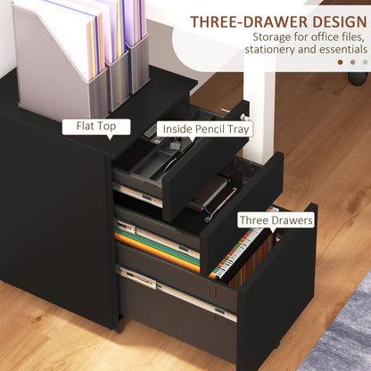3-Drawer Vertical Filing Cabinet with Pencil Tray, Lock and 5 Wheels, Steel Mobile File Cabinet, for A4
