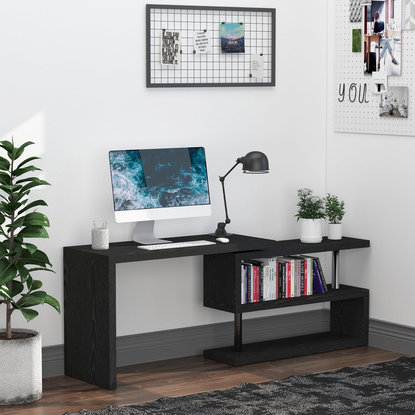 L Shaped Desk with 360° Rotating Storage Shelves, Corner Computer Desk, Space Saving Study Table for Home Office, Black