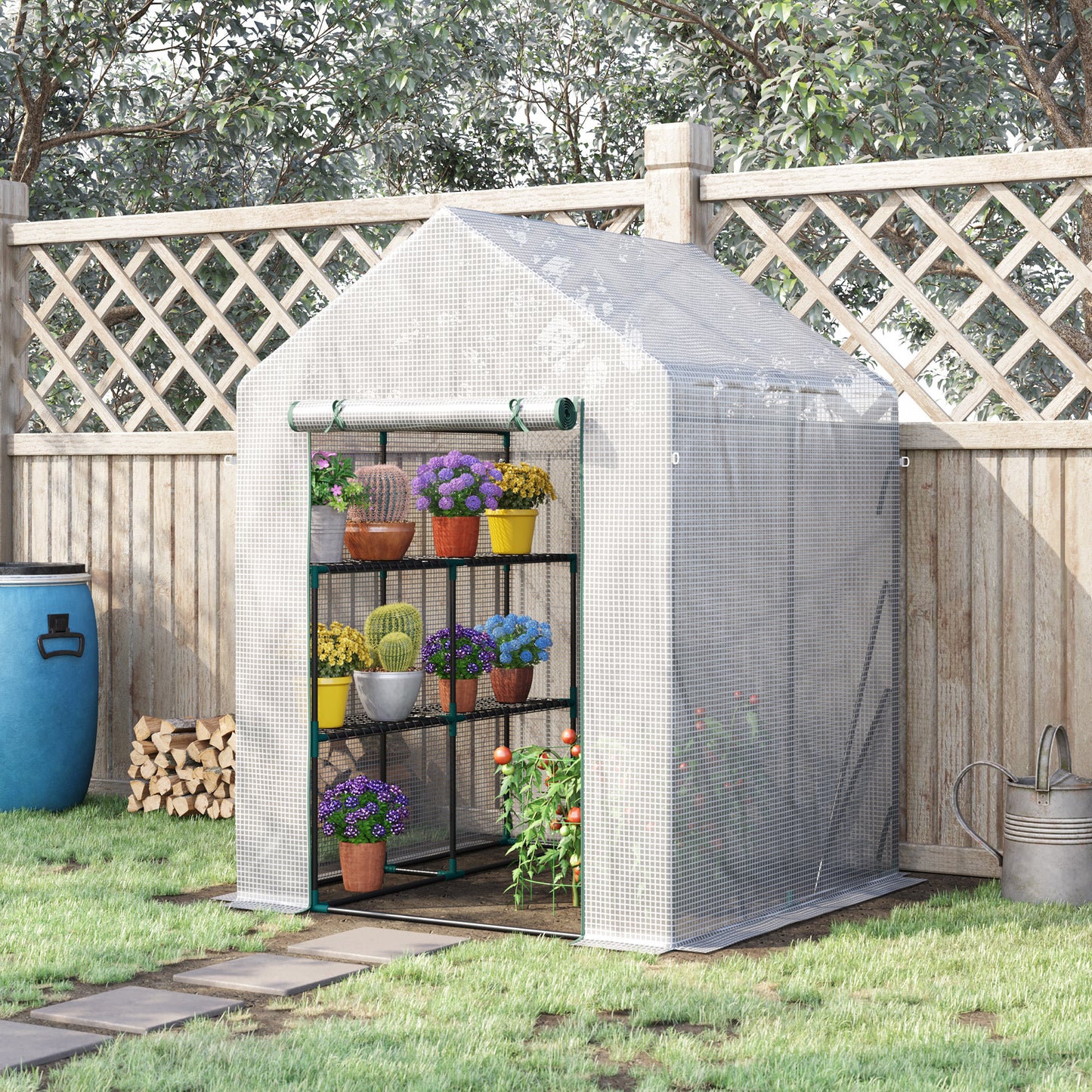 Walk In Greenhouse with 2 Tier Shelf, Portable Gardening Plant Grow House Tomato Greenhouse with Roll up Zip Panel Door