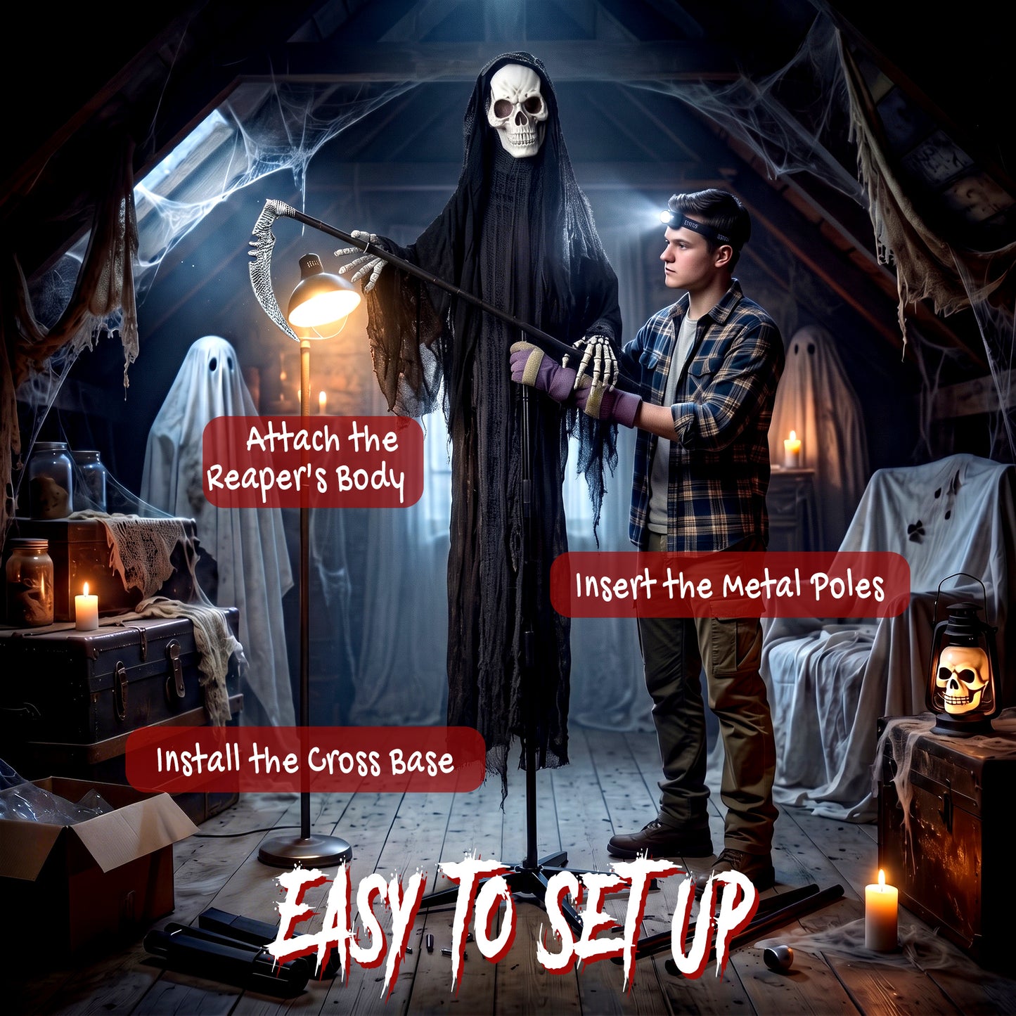 183cm Life Size Animated Grim Reaper Halloween Decoration, Scary Halloween Animatronics Decor with Sound Touch Activated