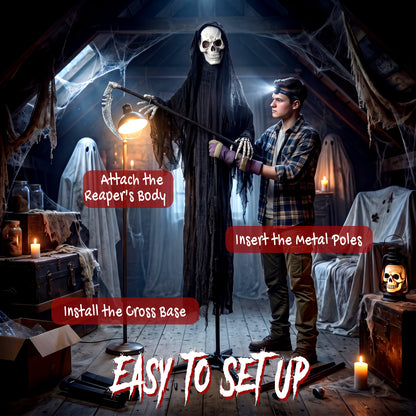 183cm Life Size Animated Grim Reaper Halloween Decoration, Scary Halloween Animatronics Decor with Sound Touch Activated