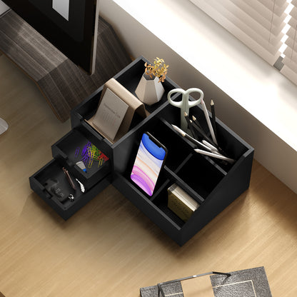 Desk Organiser Holder, Bamboo Multi-Function Storage Caddy with 7 Storage Compartments and 2 Drawers for Home Office Stationa