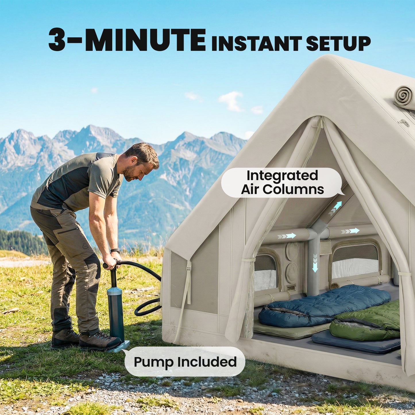Inflatable Camping Tent, 4 Season Hot Tent 10000mm Waterproof with Chimney Opening, Sky Light and Air Pump, Khaki