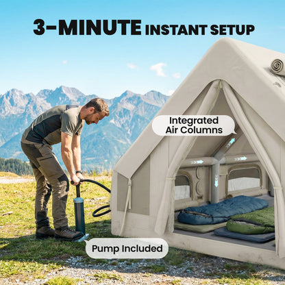 Inflatable Camping Tent, 4 Season Hot Tent 10000mm Waterproof with Chimney Opening, Sky Light and Air Pump, Khaki