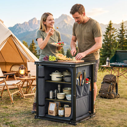Camping Camping Cupboards, Folding Portable Kitchen Table with 3-Tier Storage, Black