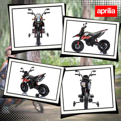 12V Aprilia Licensed Kids Motorbike with Training Wheels, Spring Suspension, LED Headlight, USB, Music, Red/Black