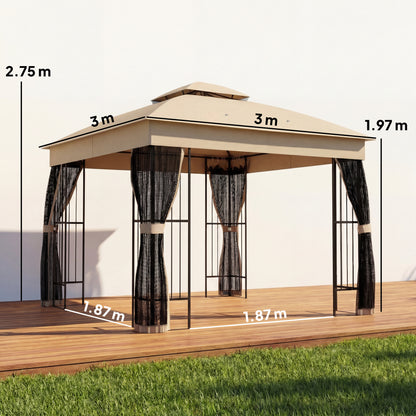 3 x 3 m Outdoor Garden Gazebo with Post Shelves, UPF50+ Double Roof Patio Permanent Pavilion, Brown