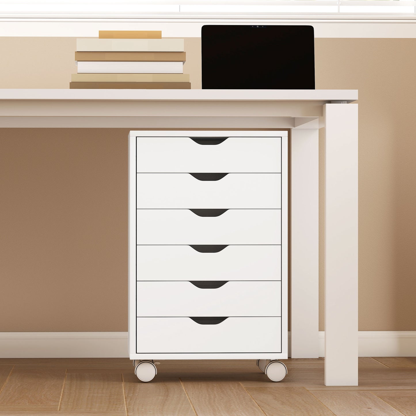 6 Drawer Vertical File Cabinet, Mobile Filing Cabinet with Quiet Drawers and Wheels with 2 Brakes, White