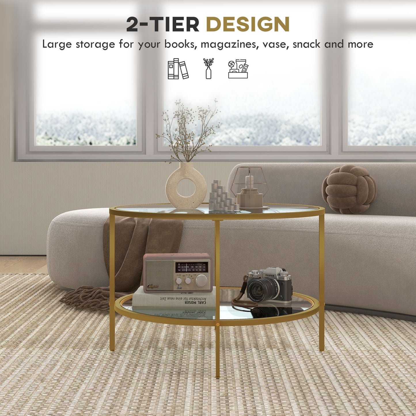 Round Coffee Table with Storage, 2-Tier Tempered Glass Coffee Table with Steel Frame for Living Room, Gold Tone