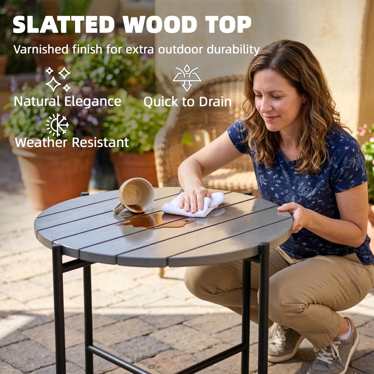 54 cm Round Outdoor Side Table, Industrial Small Garden Table with Slatted Wood Top and Metal Frame, Dark Grey