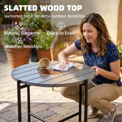 54 cm Round Outdoor Side Table, Industrial Small Garden Table with Slatted Wood Top and Metal Frame, Dark Grey