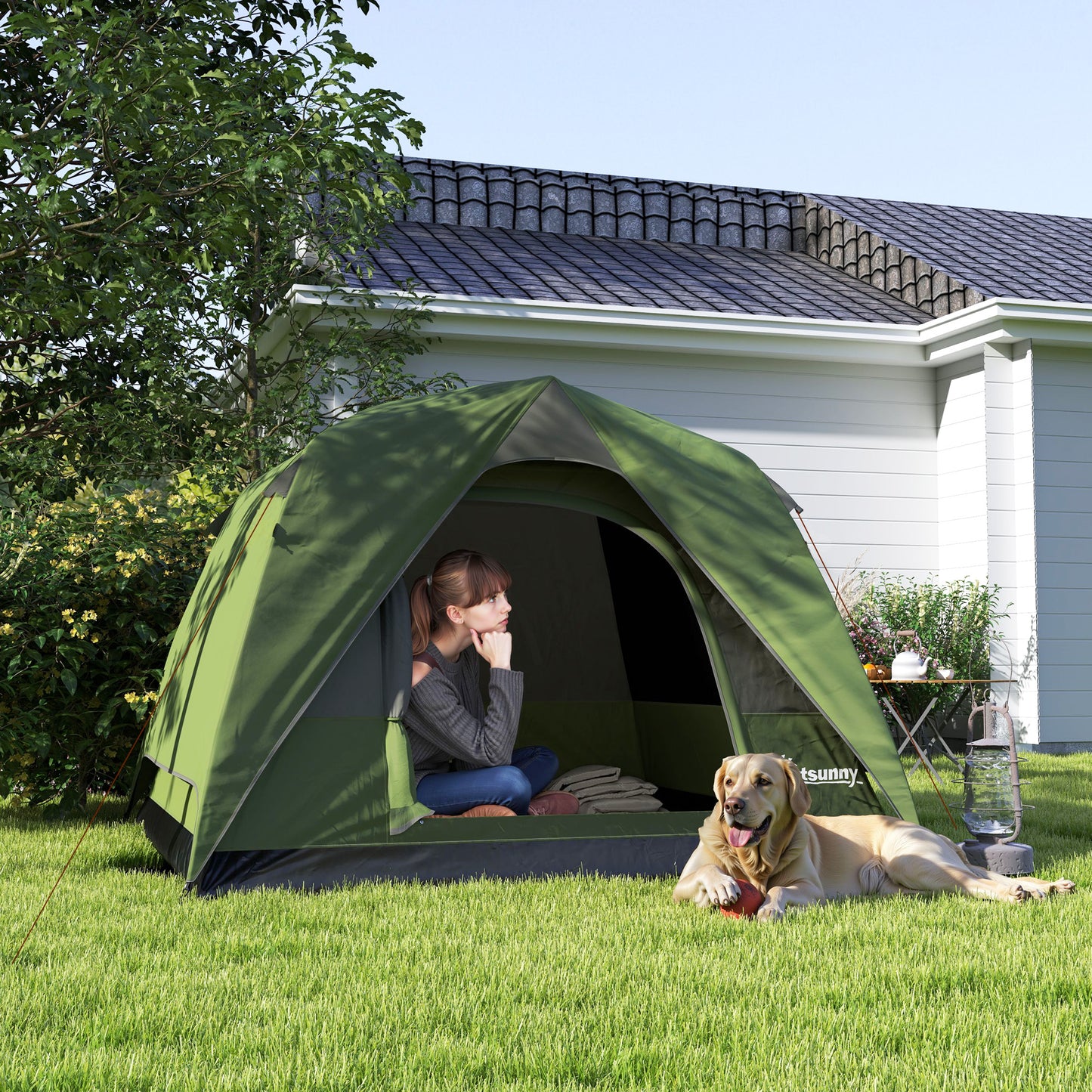 3-4 Person Camping Tent, Easy Set Up Waterproof Dome Tent with Sewn-in Groundsheet, Mesh Windows