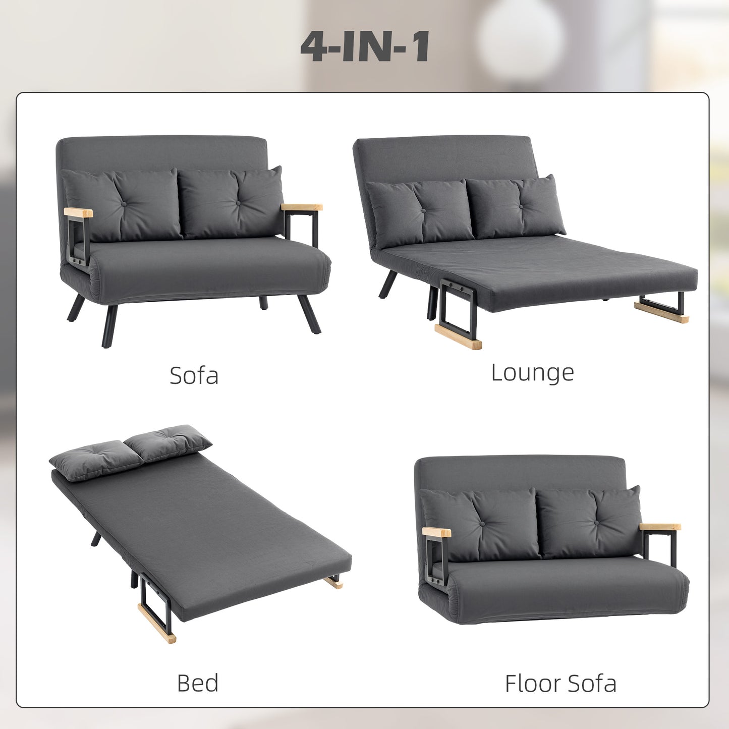 4-in-1 Velvet-Feel Double Sofa Bed, with Pillows - Dark Grey