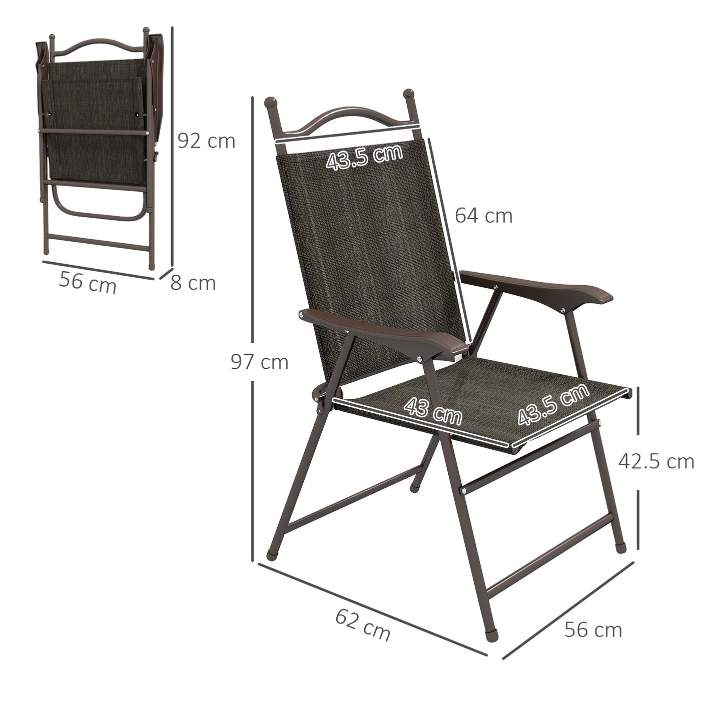 Set of Two Folding Garden Chairs, with Fabric Mesh Seats - Dark Brown