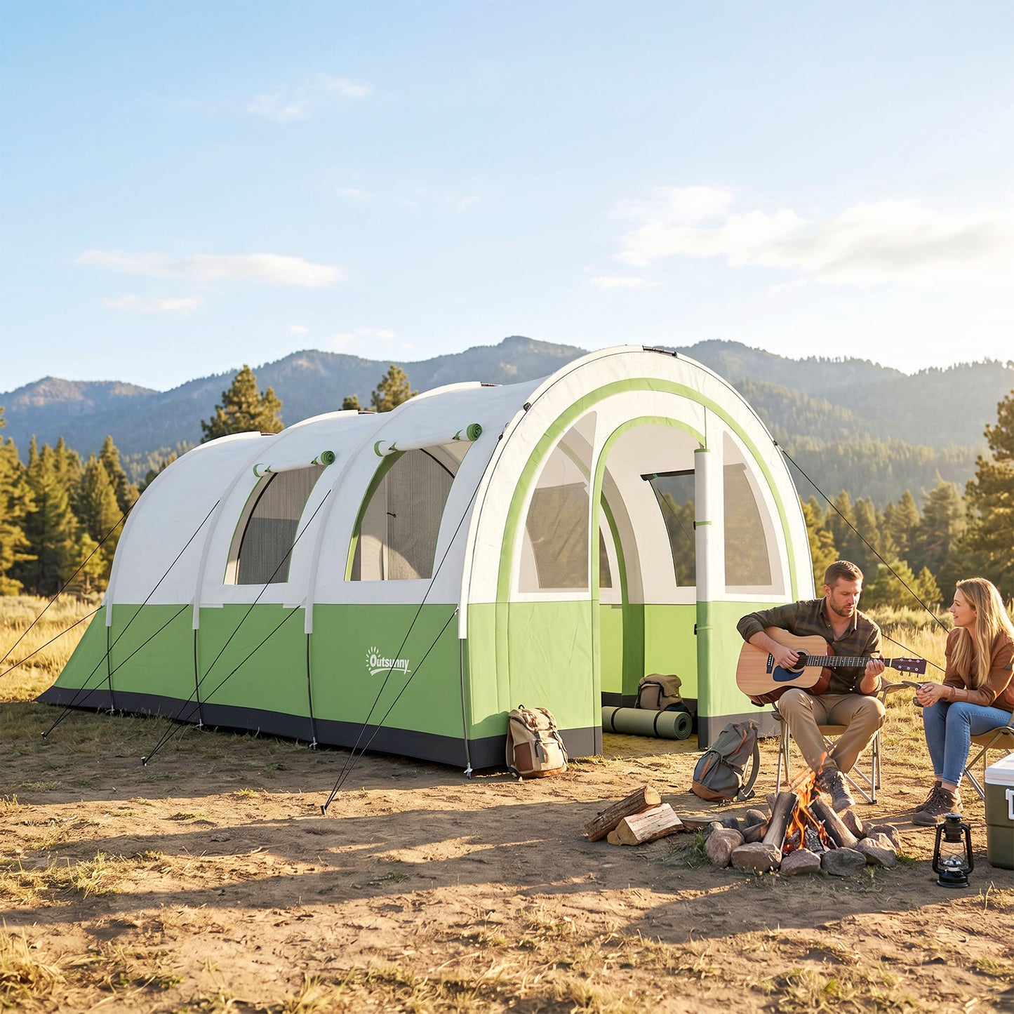 Three Man Duo Room Tunnel Tent, with Accessories - Cream/Green
