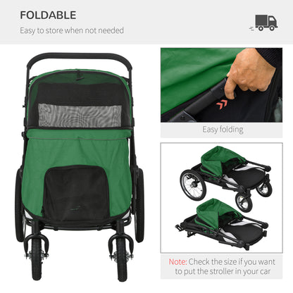 Foldable Pet Stroller, with Washable Cushion, Storage Bags, Safety Leash, for Medium, Large Dogs, Cats - Green