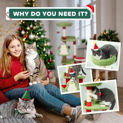 Cat Tree, 120cm Christmas Cat Tower with 3 Scratching Posts, Scratching Board, 2 Perches, Platforms, Toys, Green