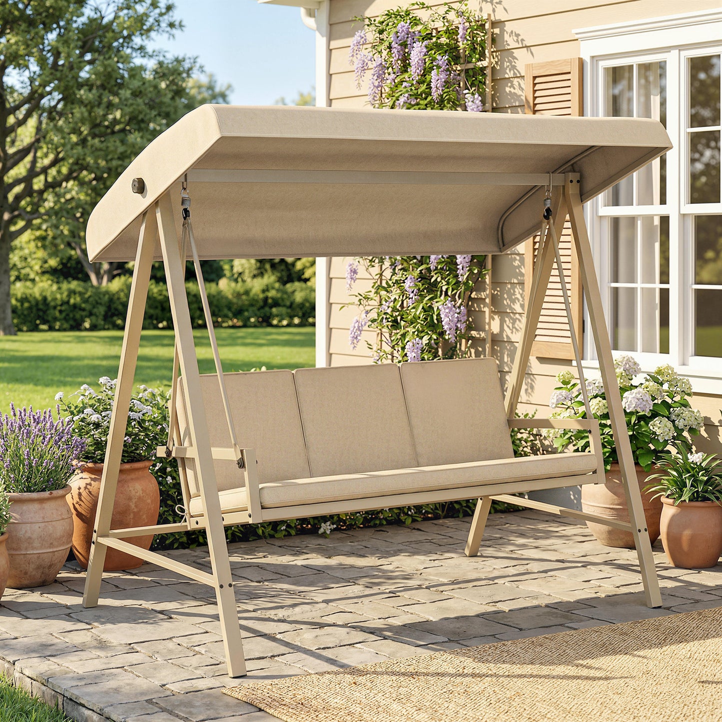 Three-Seat Garden Swing Chair, with Adjustable Canopy - Beige