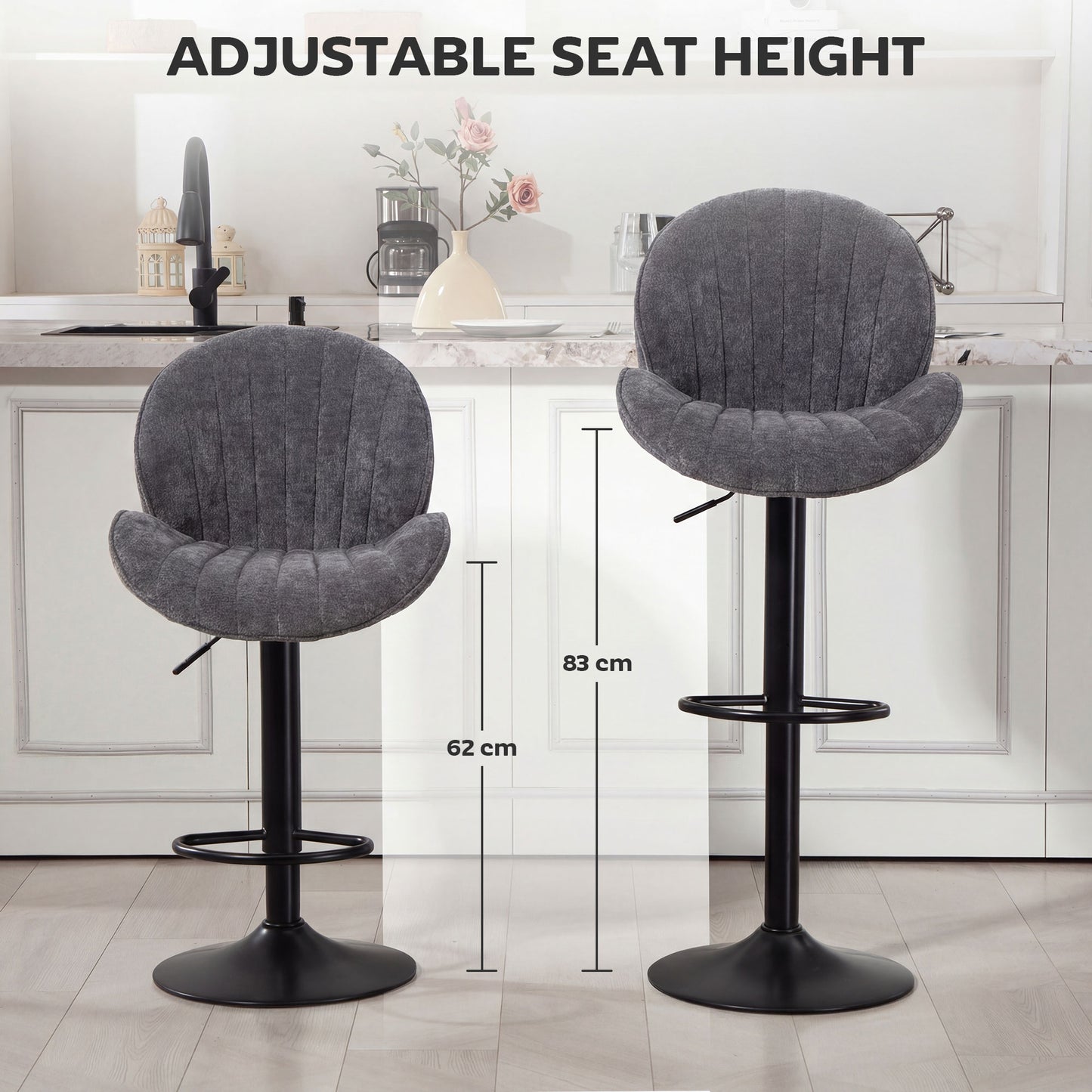 Bar Stools Set of 2, Swivel Barstools with Back, Adjustable Height and Footrest for Kitchen Island, Dining Room, Grey
