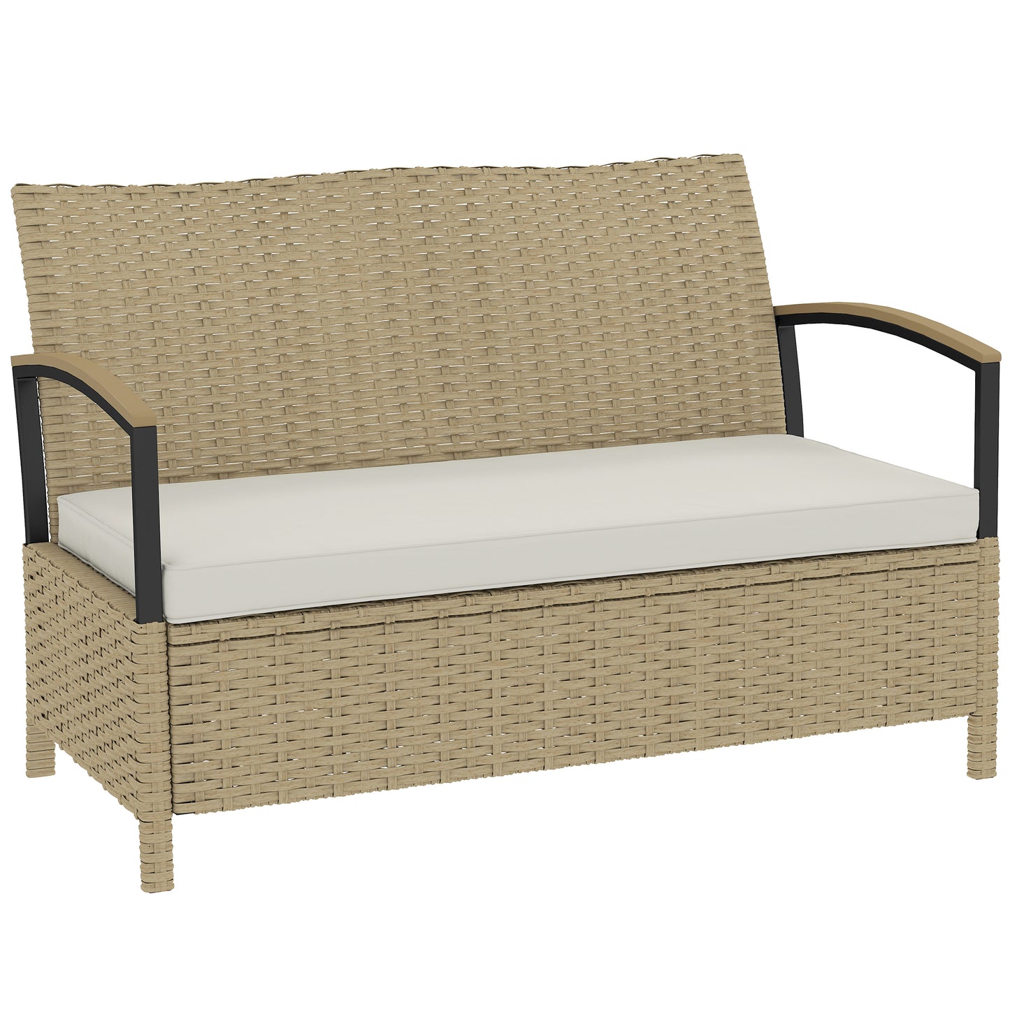 125L Garden Storage Bench, 2 Seater PE Rattan Outdoor Bench Storage Box with Padded Cushion, Khaki