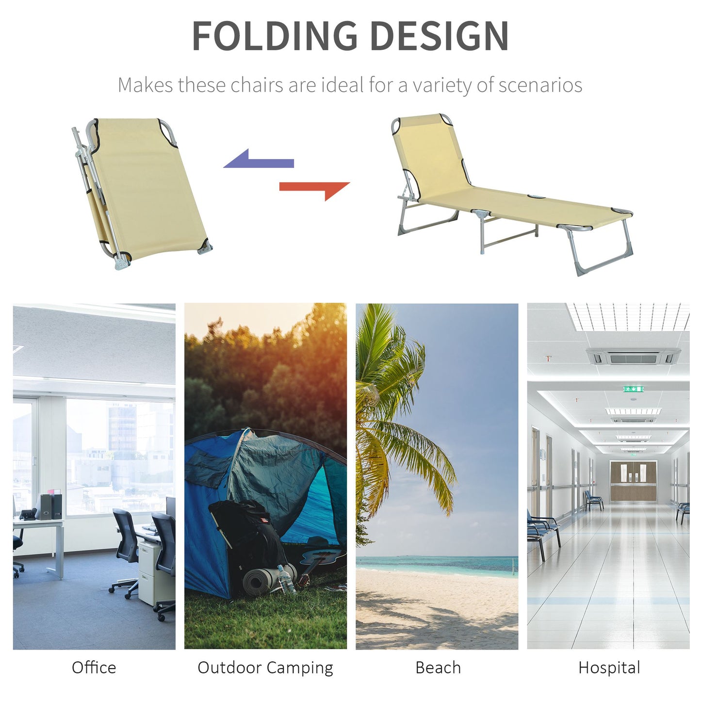 Reclining Sun Lounger Chair Folding Camping Bed with 4-Position Adjustable Backrest