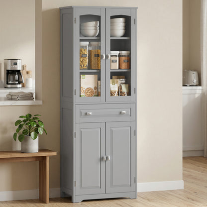Freestanding Kitchen Cupboard, Storage Cabinet with 2 Adjustable Shelves, Drawer and Glass Door for Living Room, Grey