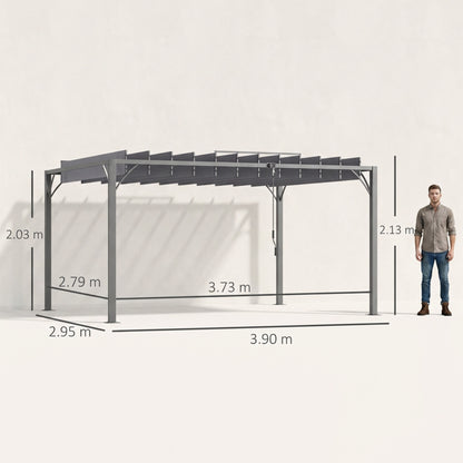 4 x 3(m) Outdoor Pergola with Retractable Roof, Aluminium Louvered Patio Gazebo Canopy for Garden, Patio, Grey