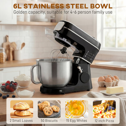 Stand Mixer, 6L 1400W Tilt-Head Food Mixer with 11 Speeds, Pulse & Fermentation Function, LED Display, Black