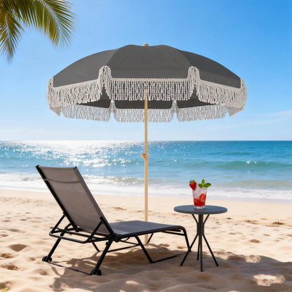 1.7 m Beach Umbrella with Sand Anchor, 30° Tilting Fringed Beach Garden Parasol with Adjustable Height, Grey