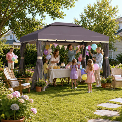 3 x 4m Aluminium Garden Gazebo, Marquee Canopy Shelter Pavilion Party Tent with Nets and Curtains for Garden and Deck, Coffee